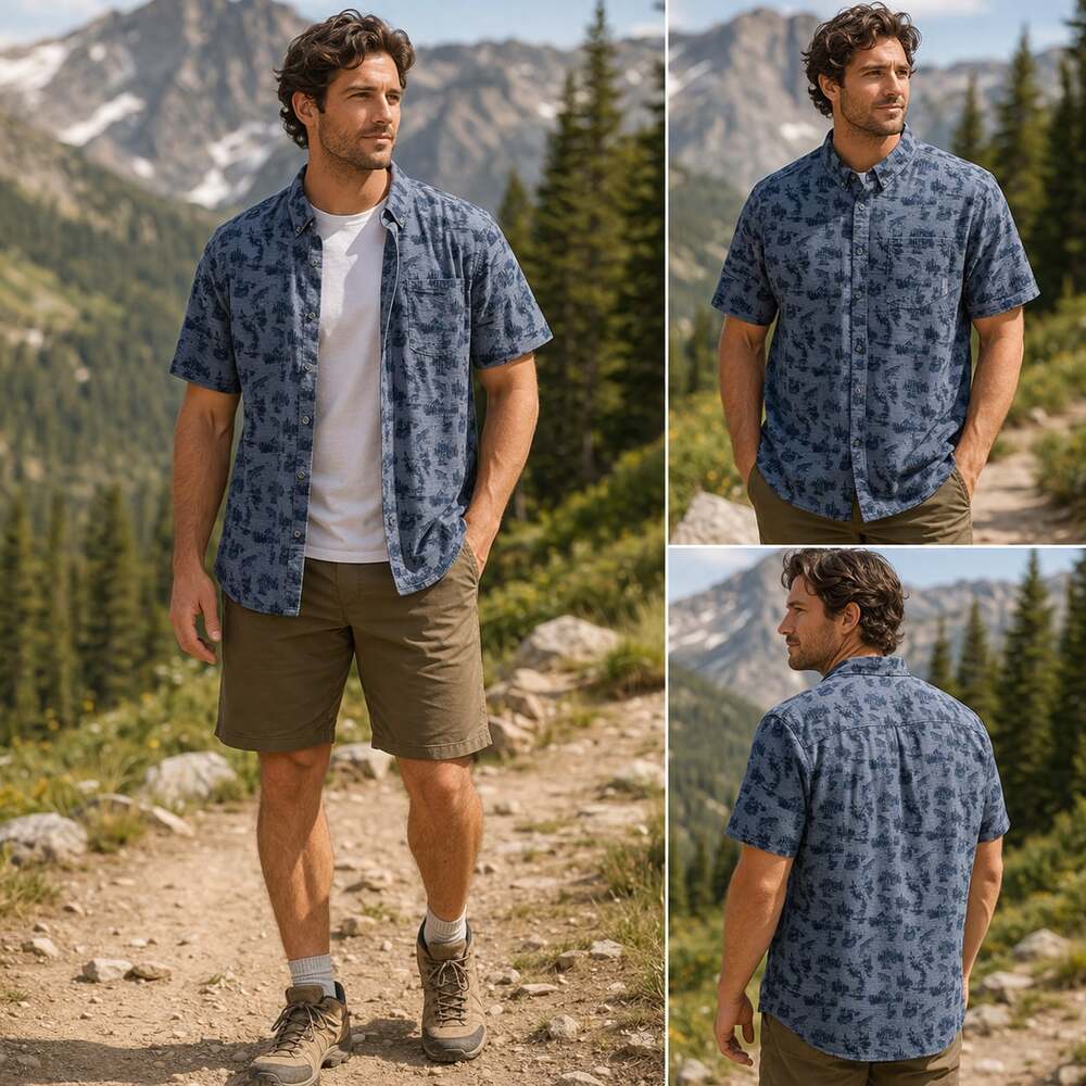 Eddie Bauer TXL Blue Fishing Scene Print Short Sleeve Button Shirt Mens